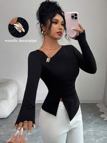 Elenzga 女式纯色不对称领口长袖开衩下摆 T 恤 - 黑色 - 查看 7