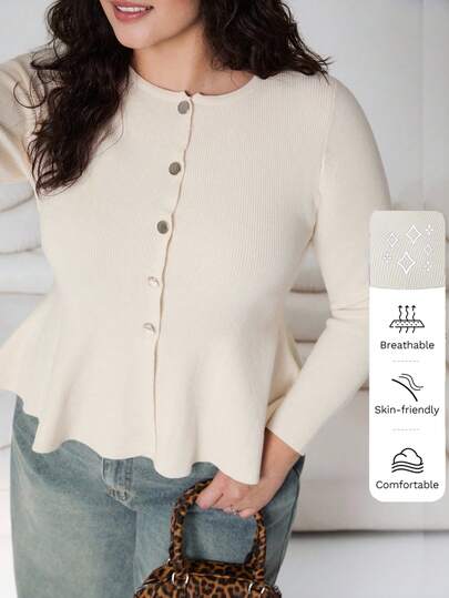 Solflare 2025 秋冬新款休闲外出日常穿着聚会约会节日百搭腰部收紧喇叭下摆长袖圆领前部金属纽扣装饰白色米色加大码开衫