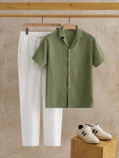 Manfinity VCAY 2件套男士休闲立领短袖梭织衬衫套装