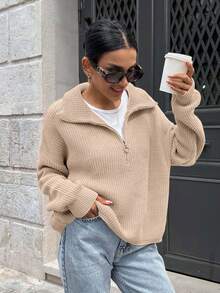 EURMUSE Áo len ấm áp thoải mái có cổ khóa kéo cho nữ - Kem - Xem 7