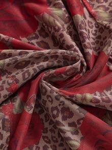 ROMWE J-Fashion 女式垂坠领无袖修身褶饰花卉豹纹中长连衣裙 - 彩色 - 查看 3