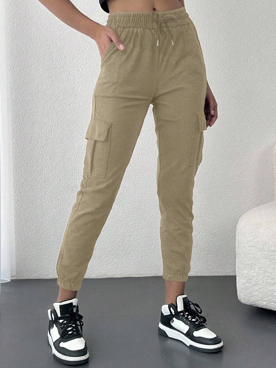 SHEIN Quần nỉ Cargo trơn màu thường ngày dành cho nữ - Màu be - Xem 1
