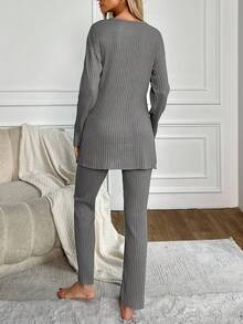 EURMUSE Women's Letter Embroidered Long Sleeve Pants Pajama Set - Grey - View 2
