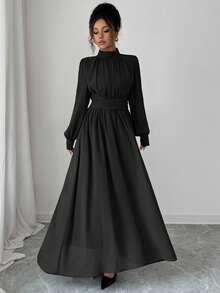 Elenzga Váy maxi dài tay dáng chữ A, dáng thường ngày, đi làm, đi nghỉ, tiệc trà chiều, dự tiệc, chất liệu voan màu nâu trơn, cổ đứng, thắt chéo, eo rộng, lót nơ, dành cho nữ, mùa xuân/thu/đông - màu đen - Xem 6