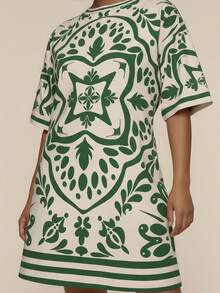 CAJUNI Plus Size Women Boho Tropical Vintage Green Print Short Casual Loose Beach Vacation Beige Dress - Green - View 6