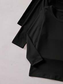 SHEIN 女童休闲宽松纯色圆领长袖T恤，经典舒适，适合旅行，时尚百搭，春秋季长袖黑色上衣3件装，黑色上衣，儿童基础款上衣，女童黑色上衣 - 黑色 - 查看 5