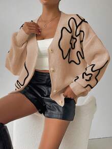 SHEIN LUNE Cardigan Wanita Lengan Panjang Leher V Elegan dengan Kancing Depan dan Bordir - Unta - View 4
