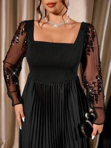 Cravure Plus Size Dam Elegant Paljett Plisserad Fyrkantig Halsringning Svart Festklänning - Svart - Visa 4