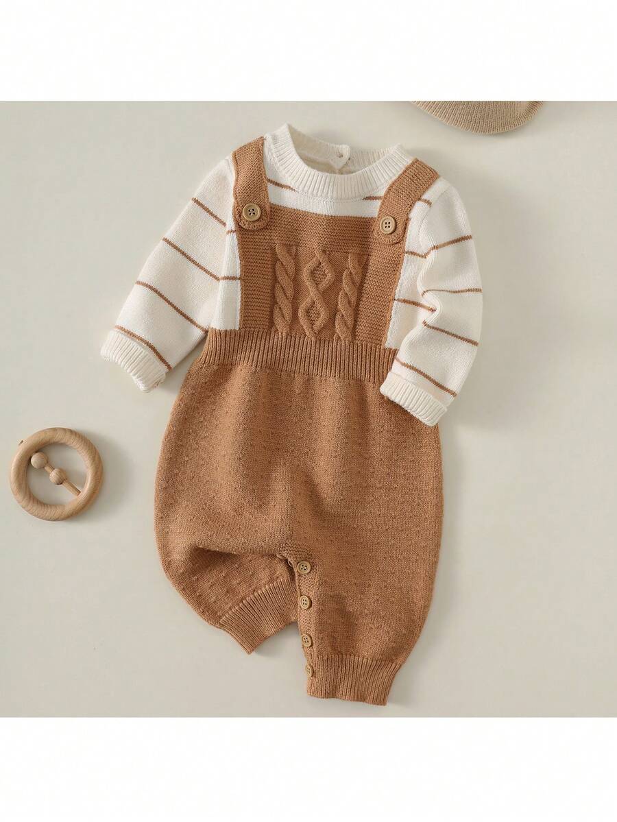 Loomiva 新生儿男女宝宝条纹圆领长袖连体衣，背带裤，两件套 - 卡其色 - 查看 1
