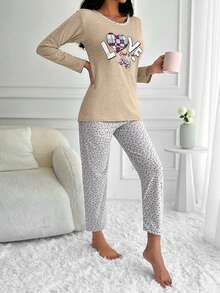 EURMUSE 100%Cotton Heart And Slogan Graphic PJ Set - Krem - View 4