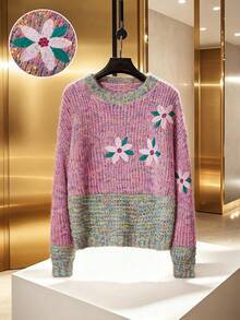 Franclia 女士时尚柔软多色圆领宽松刺绣长袖针织毛衣，秋冬 - 彩色 - 查看 1