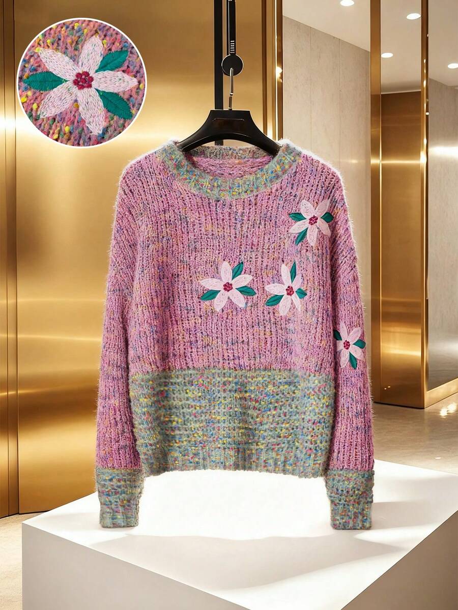 Franclia 女士时尚柔软多色圆领宽松刺绣长袖针织毛衣，秋冬 - 彩色 - 查看 1