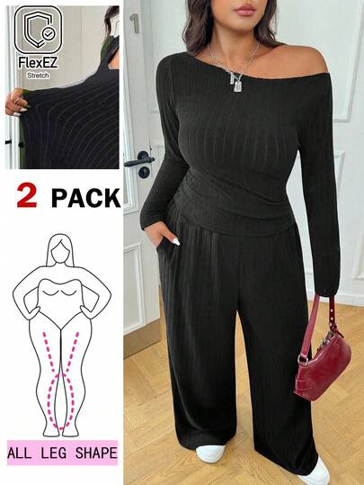 Solflare Plus Size Casual Solid Color Long Sleeve Top And Pants 2 Pieces Set