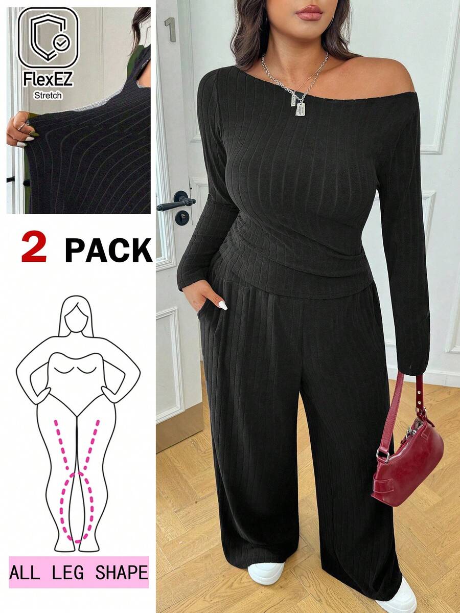 Solflare Plus Size Casual Solid Color Long Sleeve Top And Pants 2 Pieces Set - Black - View 1
