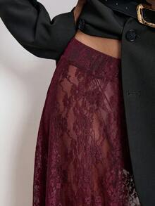ATUI Studio 女士蕾丝透明性感半身裙，优雅百搭，适合派对、通勤、圣诞节、圣诞派对、婚礼宾客等场合 - 酒紅色 - 查看 6