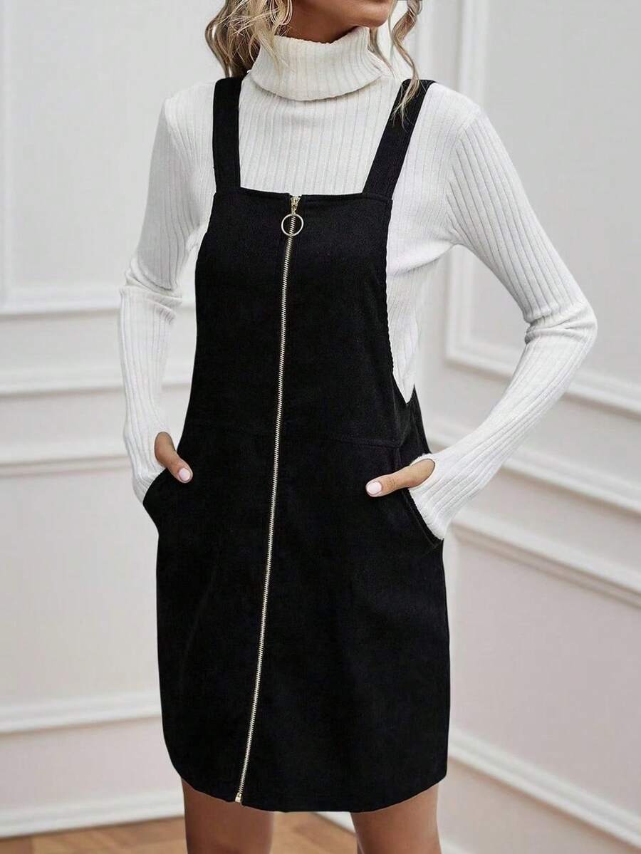 Louniche Vestido Casual Diário Fashionável com Zíper para Mulheres - Preto - Visão 1