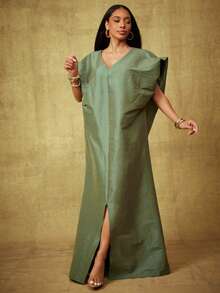 Vixey 纯色塔夫绸泡泡袖长袍连衣裙 - 橄欖綠 - 查看 1