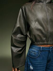 Denimoi High Neck Zip Front Cinched Waist Faux Leather Jacket - Grey - View 4