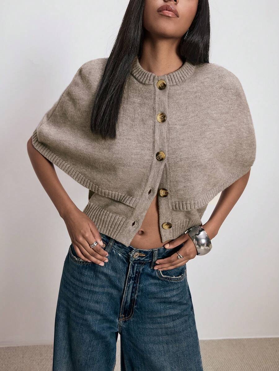 ATUI Studio Damen Mode Herbst Retro Nomaden Cape mit Knöpfen vorne, Rundhals Lässig Poloshirt Pullover Strickjacke, Herbstkleidung für Damen, Herbsttops für Damen, Herbstpullover, Westernmode für Damen, Boho Damenbekleidung, Country Outfits für Damen