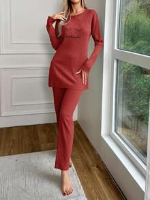 EURMUSE Women's Letter Embroidered Long Sleeve Pants Pajama Set - Red - View 3
