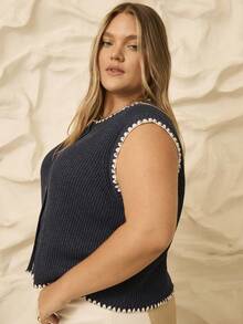 Aralina Curve Fall Winter Knitted Stolkhom Style Ribbed Button Up Casual Top With Blanket Stitch Detail - Multicolor - View 5