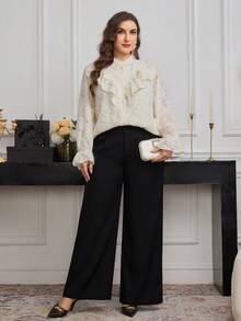 Modelyn 杏色蕾丝荷叶边领长袖衬衫，优雅百搭，适合日常通勤 - 杏色 - 查看 6