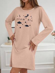 EURMUSE Women Contrast Colour Lettered Round Neck Long Sleeve Homewear Pajama Dress - Coral Pink - View 4