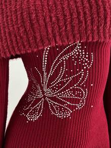 SHEIN Unity 女式复古露肩蝴蝶水钻装饰连衣裙，红色 - 紅色 - 查看 5