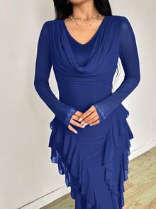 Modelyn 女式弹力网眼荷叶边领修身优雅连衣裙，春夏 - 藍色 - 查看 6