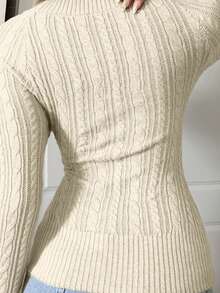 SHEIN EZwear Áo len dệt kim dài tay cổ chữ V màu be thường ngày cho nữ, đa năng cho mùa thu/đông - Màu be - Xem 5