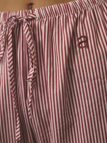 Aralina Christmas Holiday Season Cosy Sleepwear Women's 3pcs Stripped Frill Collar Detail Button Down Long Lantern Sleeve Shirt And Wide Leg Long Pants With Contrast Pipping With Sleep Mask, Matching Set , Cute Cosy Pajamas , Christmas Pajamas, Winter Clothes - Red and White - View 4