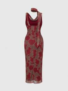 ROMWE J-Fashion 女式垂坠领无袖修身褶饰花卉豹纹中长连衣裙 - 彩色 - 查看 2