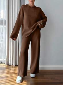 EURMUSE Plus Size Women Button Detail Sweater And Knit Pants Casual Set - Brown - View 6