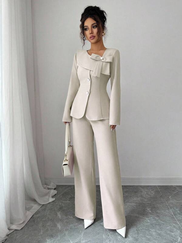 Elenzga 2pcs Autumn/Winter Vintage Lapel Asymmetric Shoulder Blazer Jacket + Pants Suit Set