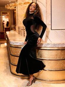 Lureya 女士优雅性感黑色天鹅绒高领透明拼接长袖修身美人鱼中长连衣裙，适合晚会 - 黑色 - 查看 6