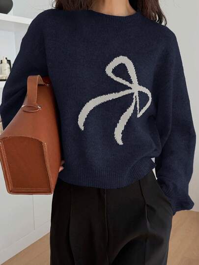 DAZY Suéter de cuello redondo casual de manga larga con lazo jacquard para mujer, otoño/invierno