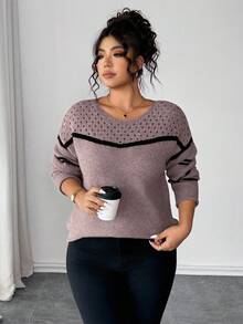 Elenzga Plus Size Women Sweater, Knitted Hollow Out Ribbed Hem Colorblock Striped Long Sleeve Pullover Casual Versatile Sweater - Coral Pink - View 6