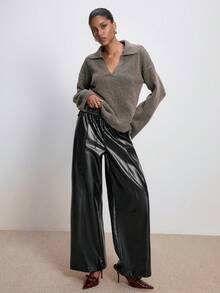 ATUI Studio Women's Black Elegant Faux Leather PU Pants,Autumn Night Casual Business Wear,Elastic Waist Loose Straight Leg Minimalism Old Money Aesthetic Pants - Black - View 2