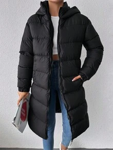 EURMUSE Slant Pockets Hooded Puffer Coat - Black - View 5