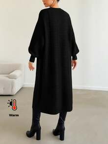EURMUSE Ladies' Solid Color Lantern Sleeve Cardigan - Black - View 2