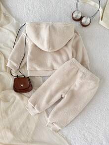 Playful Pals 2 Peças Conjunto Casual de Bebê Menino com Top de Manga Longa Forrada e Calça, Moletom com Capuz Zíper e Recortes Coloridos Combinando com Calça, Adequado para Casa, Passeios e Festas no Outono/Inverno