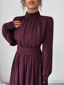 Elenzga 女士休闲、优雅、浪漫的西西里风纯色棕色雪纺立领宽松交叉系带A字长袖连衣裙，适合通勤、度假、下午茶、派对、春秋冬装。 - 紫紅色 - 查看 3
