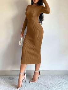 EURMUSE 女士纯色圆领长袖简约针织毛衣连衣裙，休闲日常穿着