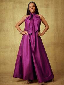 Vixey 纯色塔夫绸领结挂脖超宽阔腿连体裤 - 玫紅色 - 查看 2