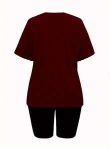 Conjunto set paquete 2 piezas dama mujer playera camiseta blusa gráfica manga corta cuello redondo shorts leggings biker cortos básico casual estampado mariposas volando colores contraste - Burdeos - Ver 2