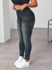 SHEIN EZwear 大码女式休闲高腰紧身牛仔裤，百搭日常通勤 - 藍色 - 查看 1