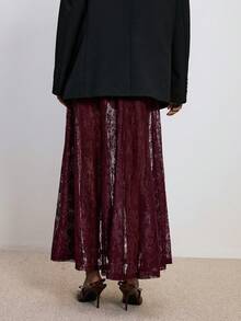 ATUI Studio 女士蕾丝透明性感半身裙，优雅百搭，适合派对、通勤、圣诞节、圣诞派对、婚礼宾客等场合 - 酒紅色 - 查看 2