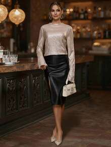 EMERY ROSE Gold Coated Flare Sleeve Elegant Party Women T-Shirt - Apricot - View 5