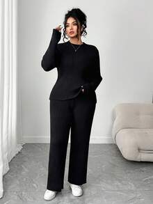 Elenzga Conjunto de suéter y pantalones de chándal de unicolor simple para uso diario y casual para mujer de talla grande, otoño - Negro - Ver 3