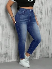 SHEIN EZwear 大码休闲水洗高腰修身牛仔裤 - 深色水洗藍 - 查看 3